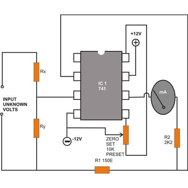 使用IC 741的直流电压表电路