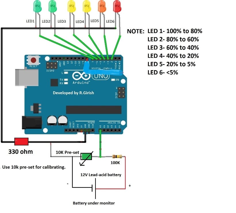 LED电池电量指示器使用Arduino代码