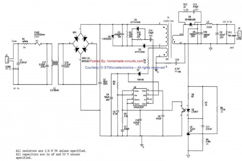 VIPer53-E 12V 2 amp 24瓦SMPS电路