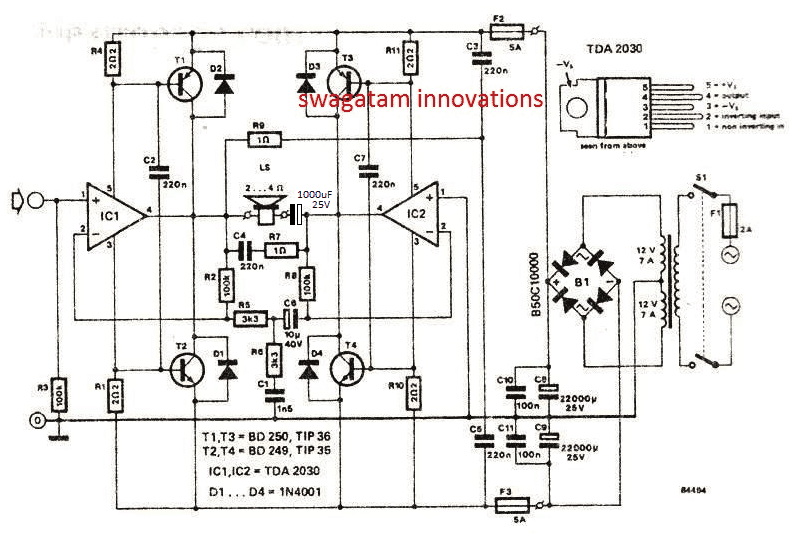 使用TDA2030 IC桥接120瓦放大器电路