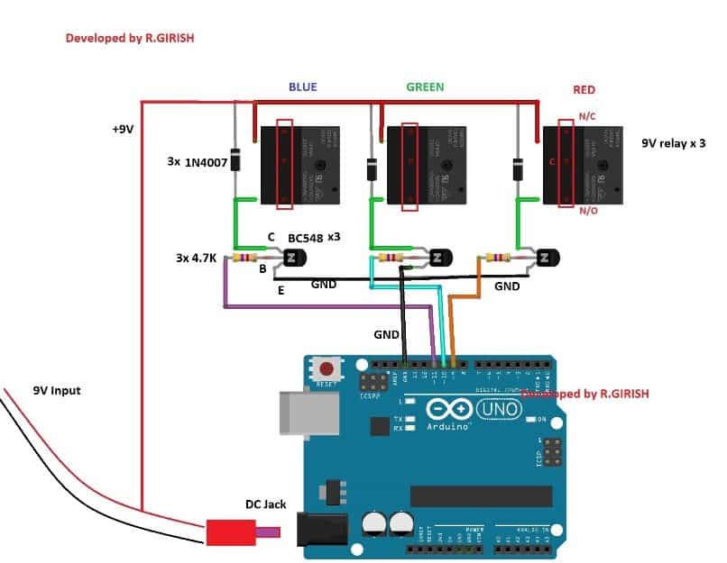 继电器连接Arduino和TCS3200颜色传感器