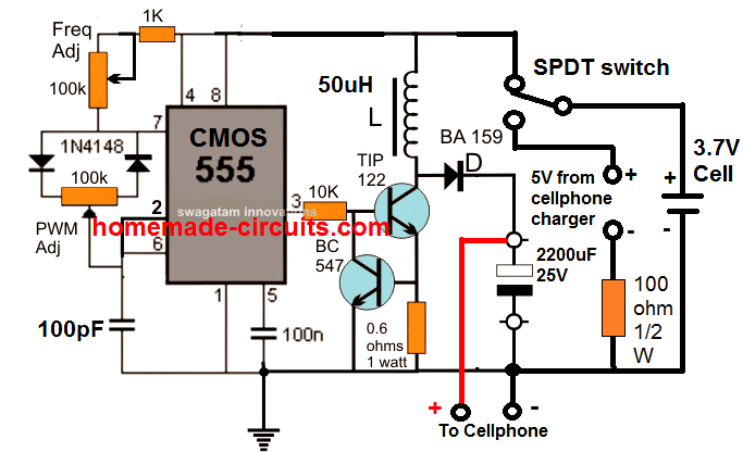 IC 555基础电源银行智能手机充电器电路